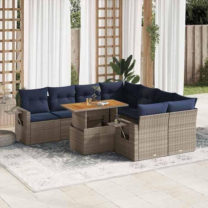 VidaXL Garden Lounge Set 9 Pcs with Grey Cushions Wicker, Outdoor Sofa Set, Corner Sofa Set 3327134