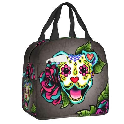 Lächelnder Pitbull in weißer tragbarer Lunchbox Pitbull Sugar Skull Hund Bullterrier Kühler Thermische Lebensmittelisolierte Lunchtasche