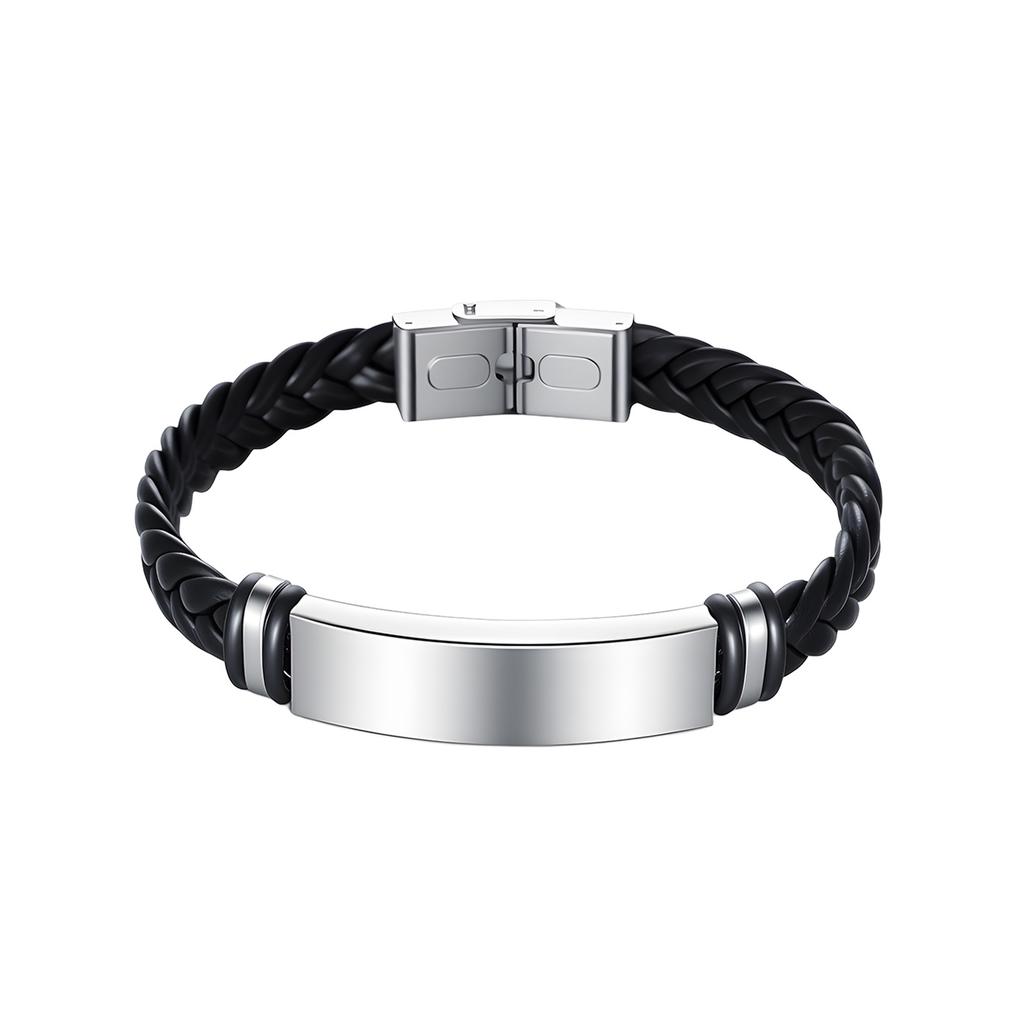 Simple Twisted Braid Leather Bracelet Stainless Steel Chain Engravable Jewelry