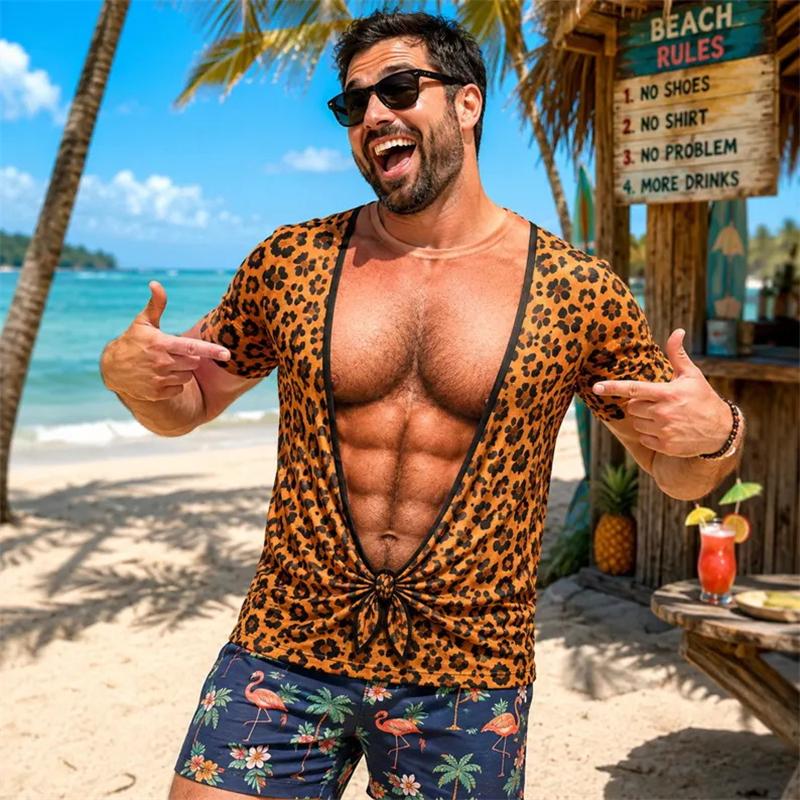 Summer Men's Leopard Print 3D Printed Crew Neck T-Shirt