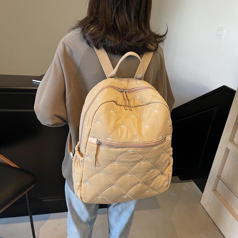 Schoolbag1011 New Large Capacity Lightweight Backpack Fashion Going Out Travel Bag Rhombus Cotton Clothing Bow Casual Backpack
