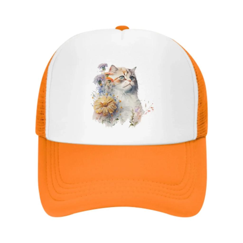 Blumenkatzen Netz-Trucker-Hüte für Unisex-Damen, verstellbare lässige Mode-Baseballkappen für Outdoor-Aktivitäten