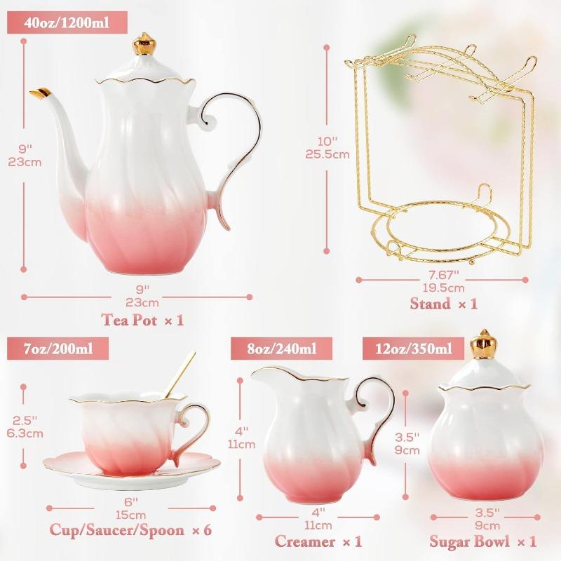 22 pcs Porcelain Tea Set for 6, Luxury British Style Tea/Coffee Cup Set with Golden Trim, Beautiful Tea Set for Women