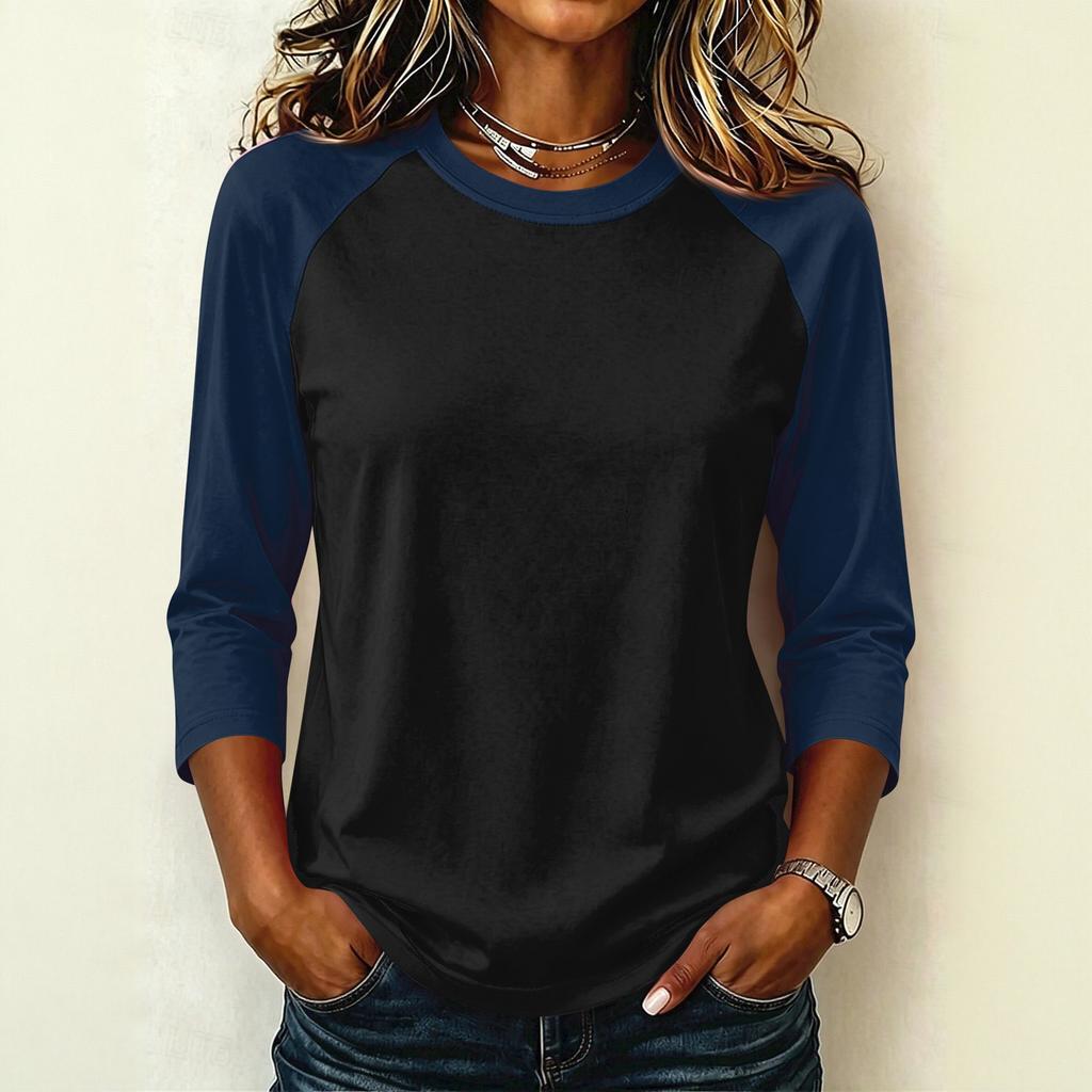 Women's Casual Color Block Pullover T-Shirt, Raglan 3/4 Sleeve, Round Neck, Lightweight Top for Summer, Spring, and Fall