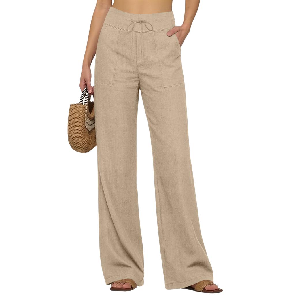 Women’s Wide Leg Linen Pants with Drawstring Waistband Loose Fit Casual Trousers with Pockets for Everyday Wear