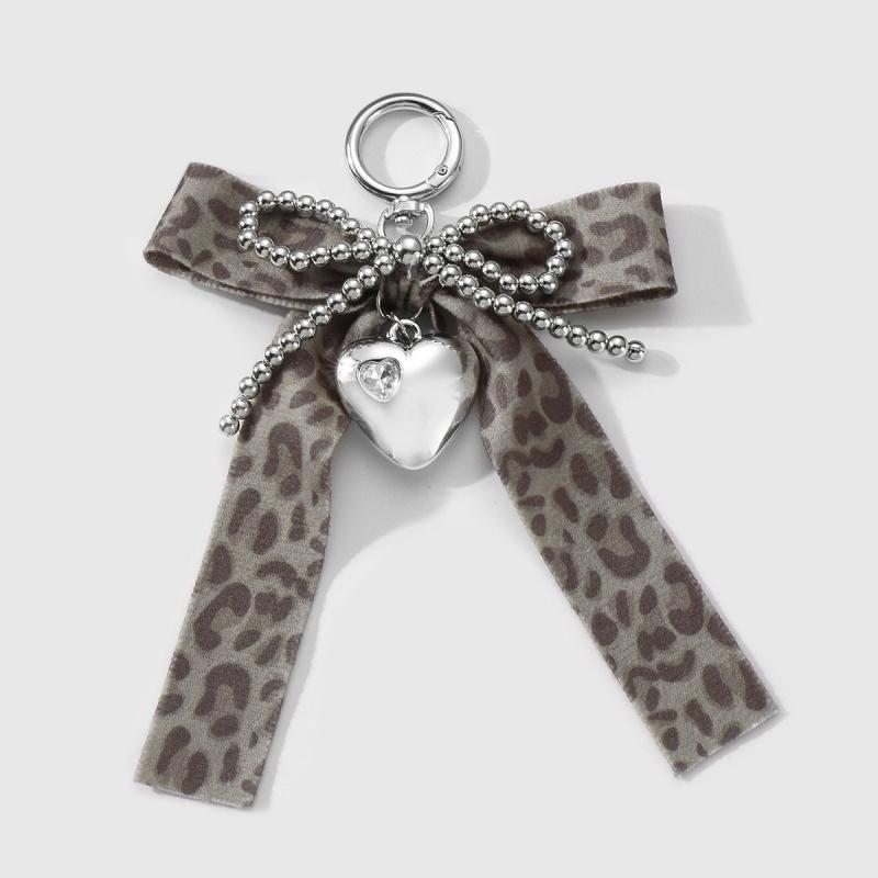 Y2K Sweet Leopard Beads Ribbon Love Bow Keychain Imitation Pearl Key Ring Student Women's Charms Bag Backpack Pants Decoration