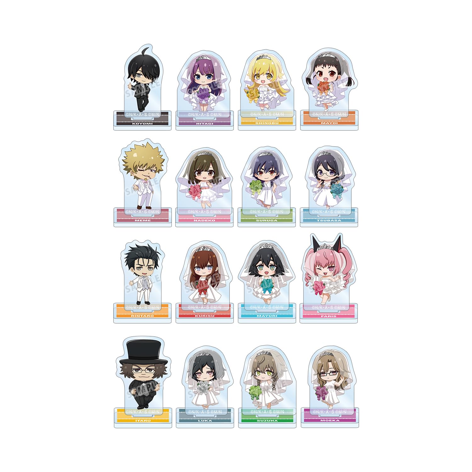 

Monogatari Series x Steins Gate Trading Chibi Character Wedding Dress Tuxedo Mini Acrylic Stands Box of 16 & Ver.