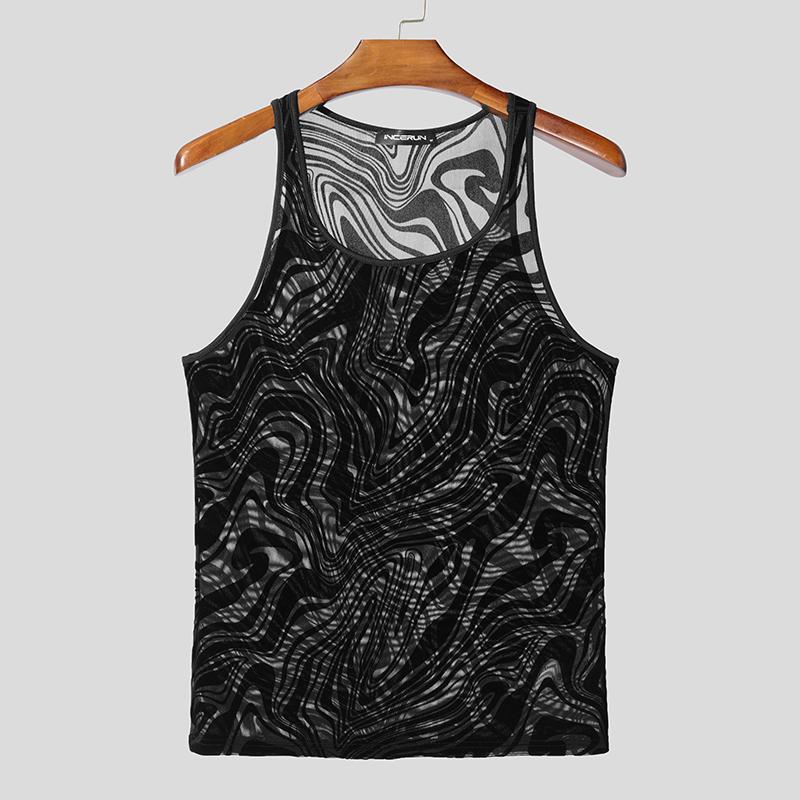 

INCERUN Летние мужские топы без рукавов с прозрачным кружевным принтом и сетчатым принтом для вечеринок и клуба XL