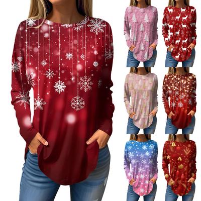 Damen T-Shirt mit Rundhalsausschnitt, Weihnachtsdruck, langärmelig