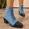 Colorblock Lace Up Chunky Heel Ankle Boots Women Pointed Toe Patchwork Short Boots Woman Plus Size Fashion High Heel Botas Mujer