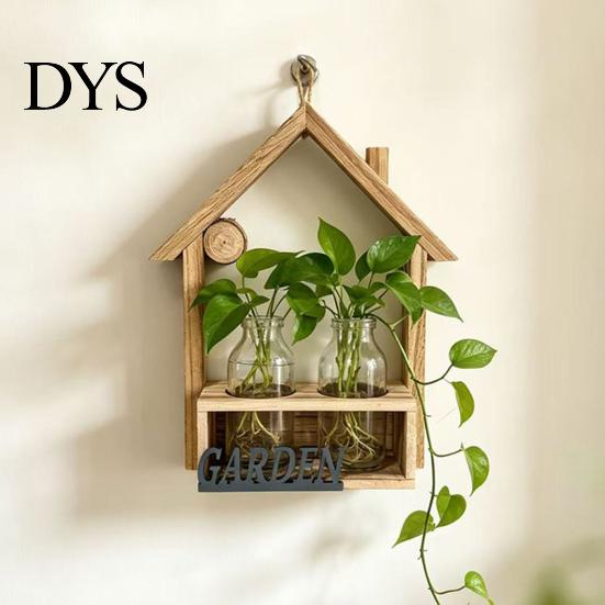 Hanging Glass Vase Wooden Wall Propagation Planter, Mounted Planter with Clear Tubes for Hydroponic Plant Holder Plants, Display Shelf Living