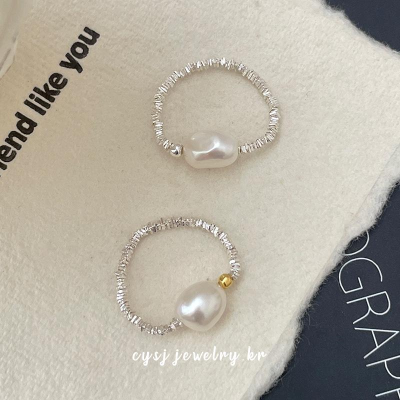 Cui Yan S925 Sterling Silver Natural Pearl Korean Style Color Block Elastic Ring for Women