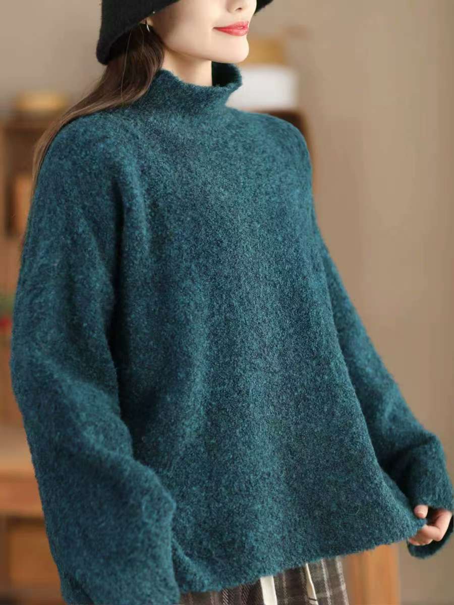 

Johnature Женский зимний модный ретро однотонный водолазка свободный свитер с длинными рукавами винтажный стиль повседневный свитер One Size синий