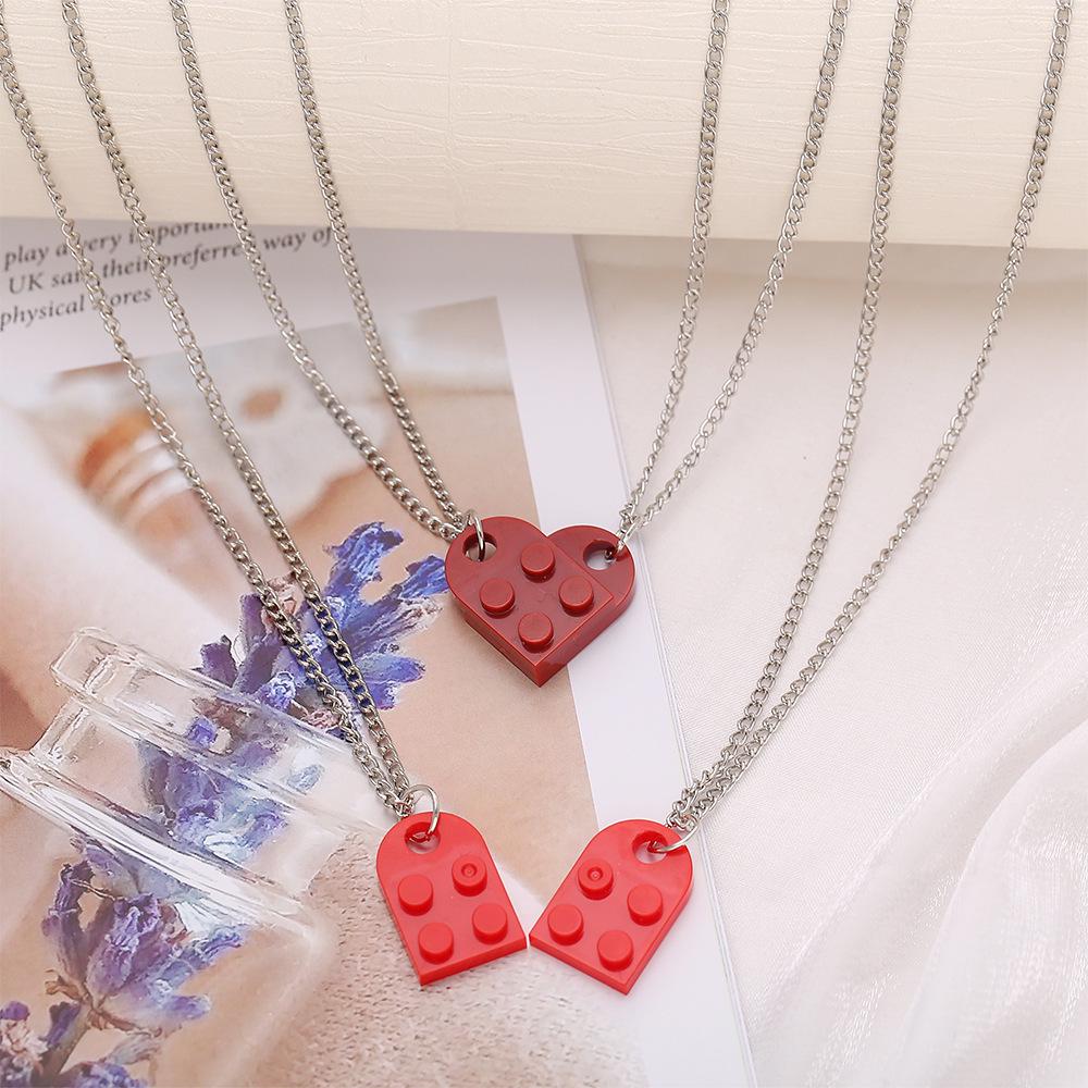 Heart-shaped Building Block Necklace: Double-layer Beaded Chain Love Pendant Choker for Women