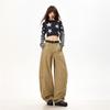 Spring Summer Heavy Faded Washed Camel Pure Cotton Patchwork Loose Saber Cut Trendy Denim Long Pants Ladies Casual Pants Oversize Denim Trousers