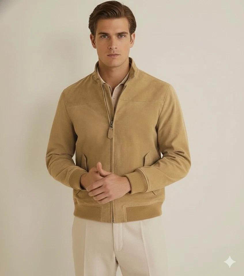 Lambskin Leather Suede Bomber Men's Tan Stylish Handmade Motorcycle Biker Jacket