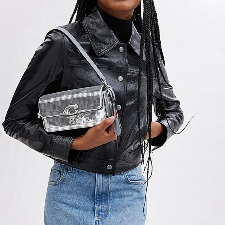 Coach Studio 20 Logo Large Sequin Flap Lock Leather Baguette Crossbody Bag Small Women Bags Silver CM428-LHSLV