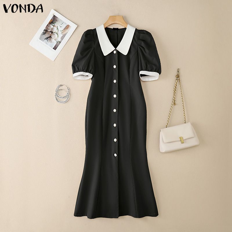 VONDA Elegant Women Lapel Neck Casual Puff Sleeve Nonelastic Fishtail Long Dress