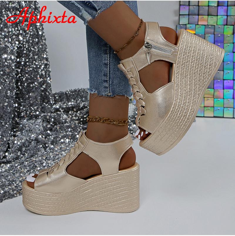 Fashion Aphixta Summer 9cm High Wedge Heel Platform Sandals Woman Sandals Gold Upper Women Zip Summer Shoes Peep Toe Sandals Big Size 43