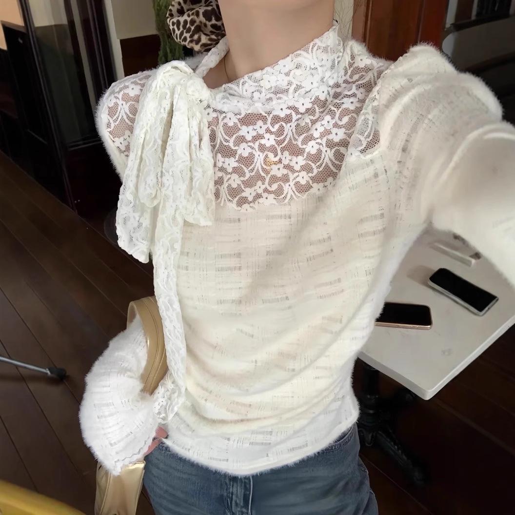 

Women s 2025 Ribbon Lace Slim-Fit Long Sleeve T-Shirt Small