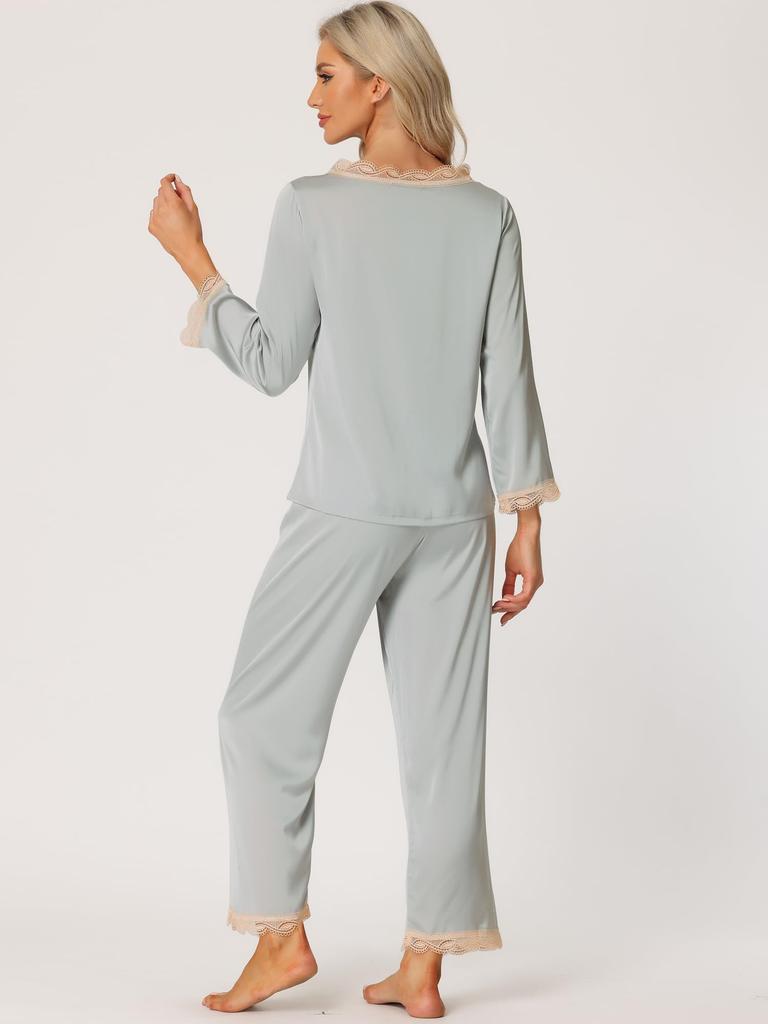 Satin Long Sleeve Lounge Night Lace Cute Top and Bottom Gray S [cheibear] Pajamas, Suit, V-Neck, Trim, Set, Women's, Blue,