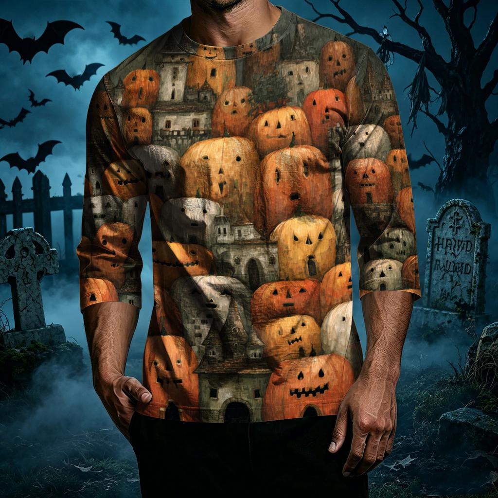 Men's Casual Halloween Print Crew Neck T Shirt Three Quarter Sleeve Top Lightweight Comfortable Fit Seasonal Design