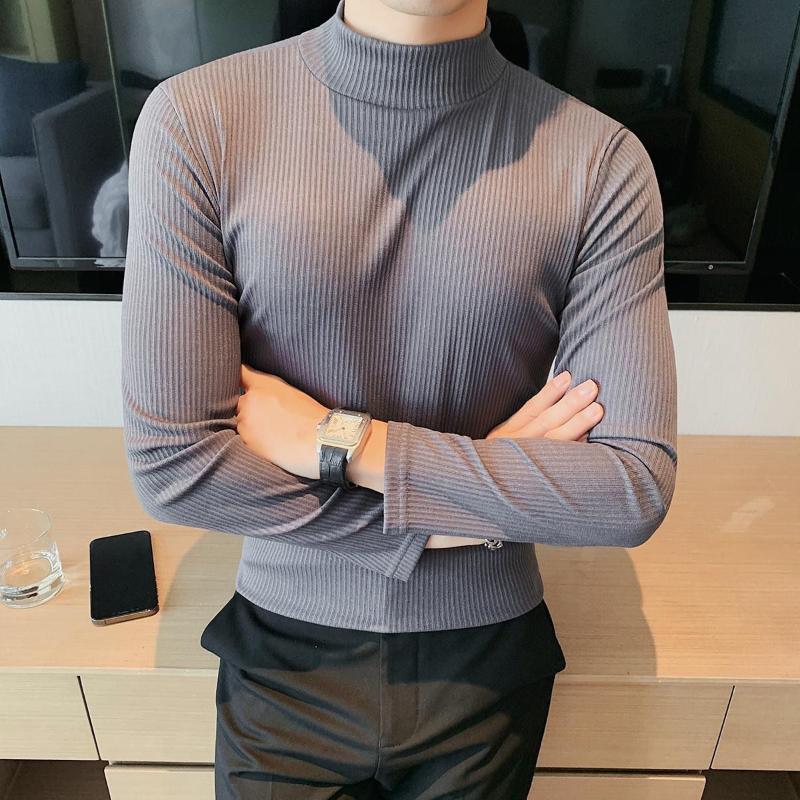 Smart Casual Podzimní Nové Pánské Klopové Jednobarevné Polovysoký Límec Jednoduchost Móda Slim Spodní Tričko Dlouhý Rukáv Trička Topy