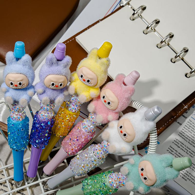 1 kus Flocking Labubu Kawaii Korálkové šňůrkové pero Roztomilá kreslená kuličková tužka Studentské psací potřeby Kancelářské potřeby Dárky