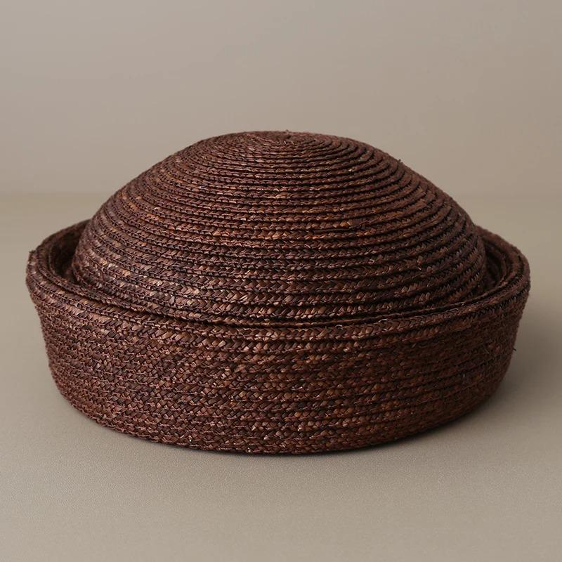 Ins Blogger Natural Straw Pillbox Hat Flat Berets Women HandWoven Sun Hat Summer Circle Concave Top Church Derby Party Beach Cap