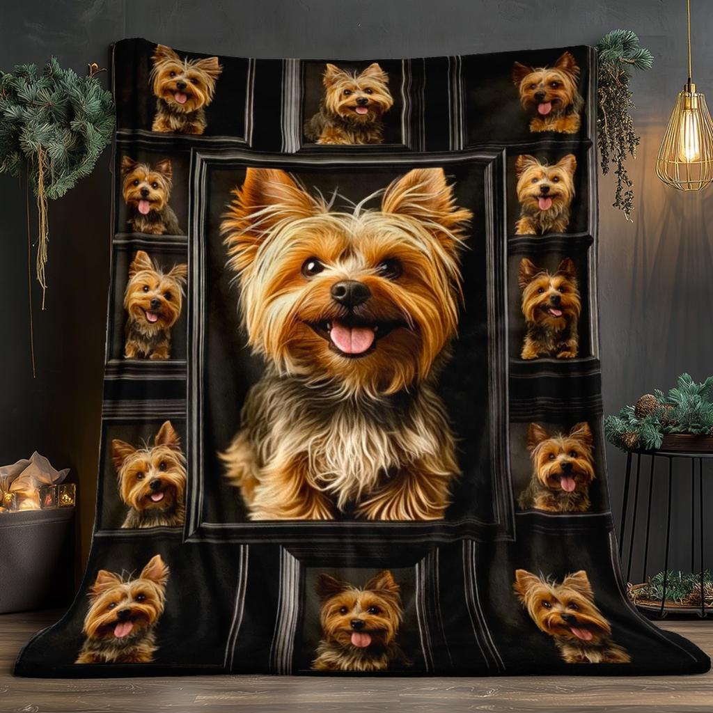 1pc Yorkie Dog Frames Blanket- Lightweight Throw for Sofa, Outdoor, Camping, Livingroom, Office, Chair, and Bed - Digital Printing Soft and