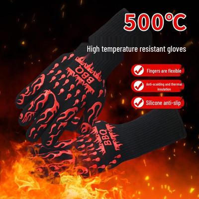 500-800° Hitzebeständige Aramid-Grillhandschuhe - Verbrühschutz, Wärmeisolierung, Flammhemmend, Feuerfest, Silikon-Doppelschicht zum Backen.