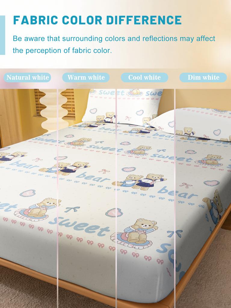 1 Cartoon Cute Animal Bear Printed Matte Fitted Sheet, Bedroom Printed Bed Cover, Bedding (Excluding Pillowcases)