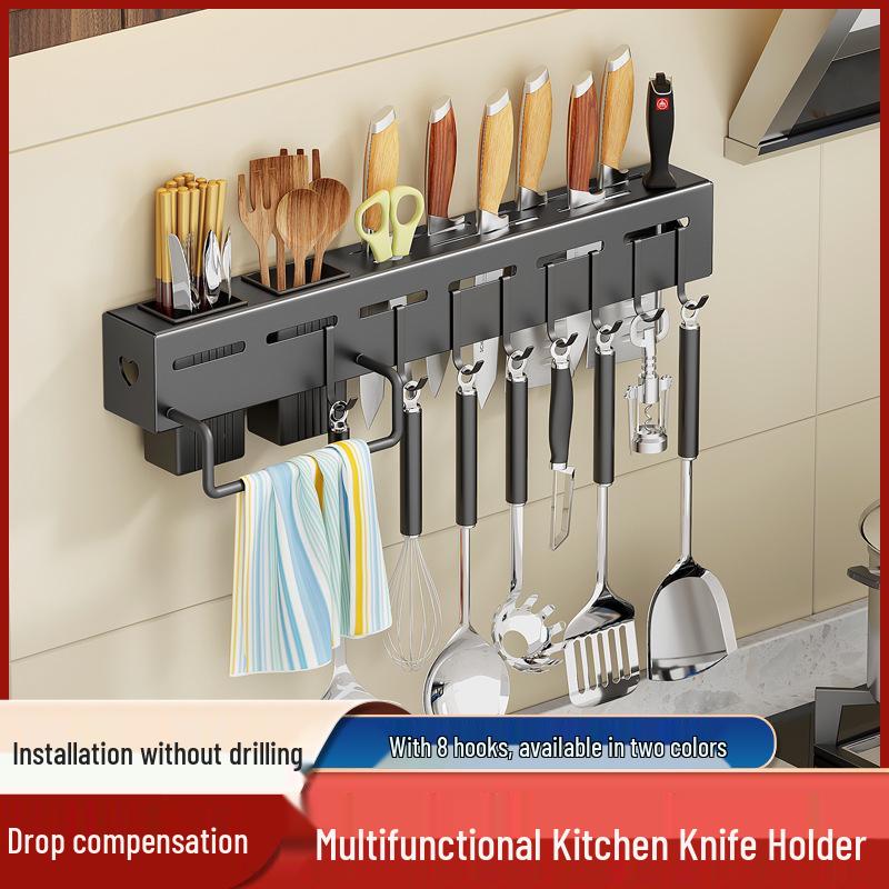 Wall-Mounted Carbon Steel Multifunctional Knife and Cutlery Storage Rack, Punch-Free Installation