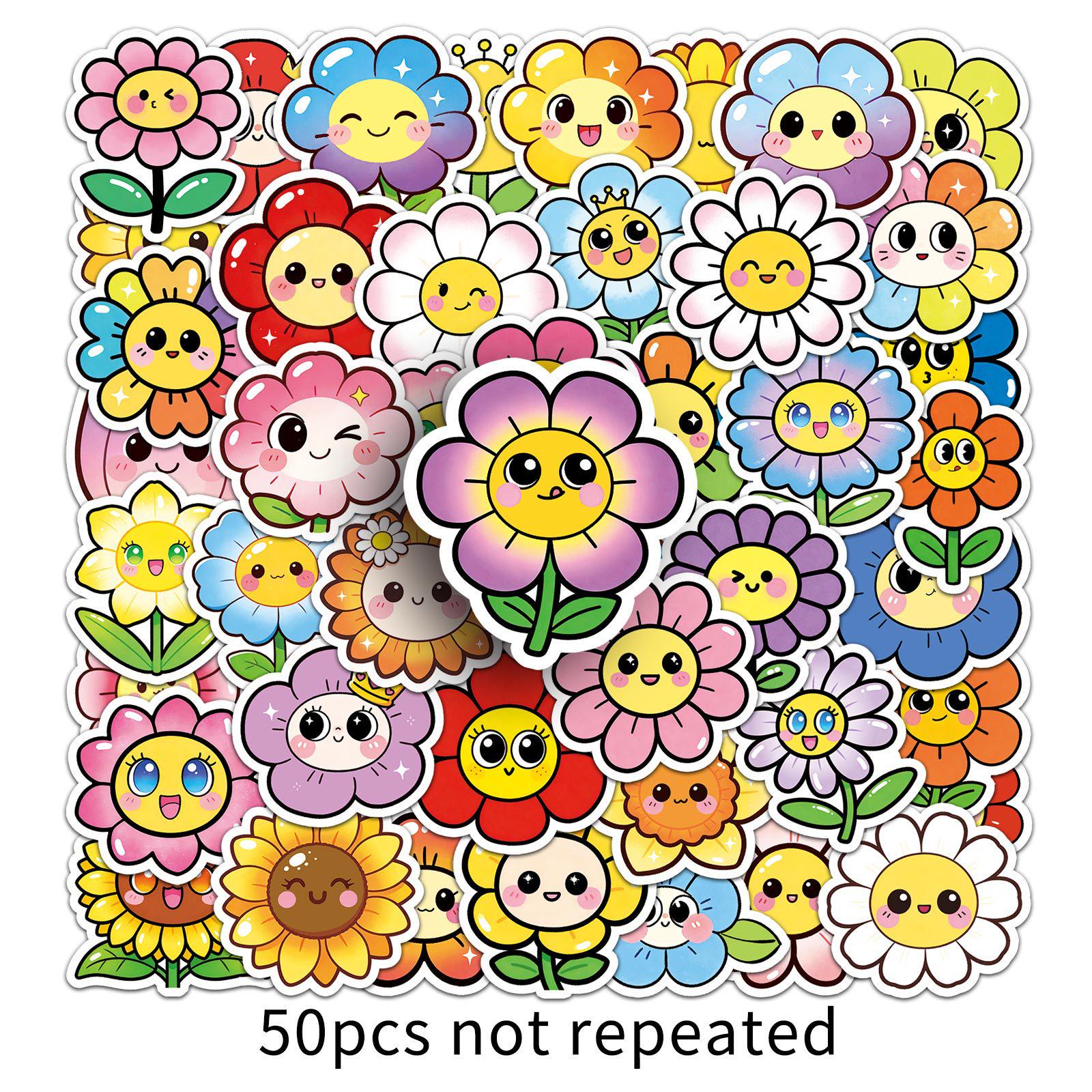 50 Hand-Painted Smiley Face Flower Stickers: Cute, Waterproof, Cartoon Decorations for Journals