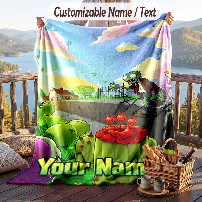 Plants vs. Zombies Flannel Blanket, Personalized Custom Name Text, Soft Warm Plush Throw Blanket For Gift
