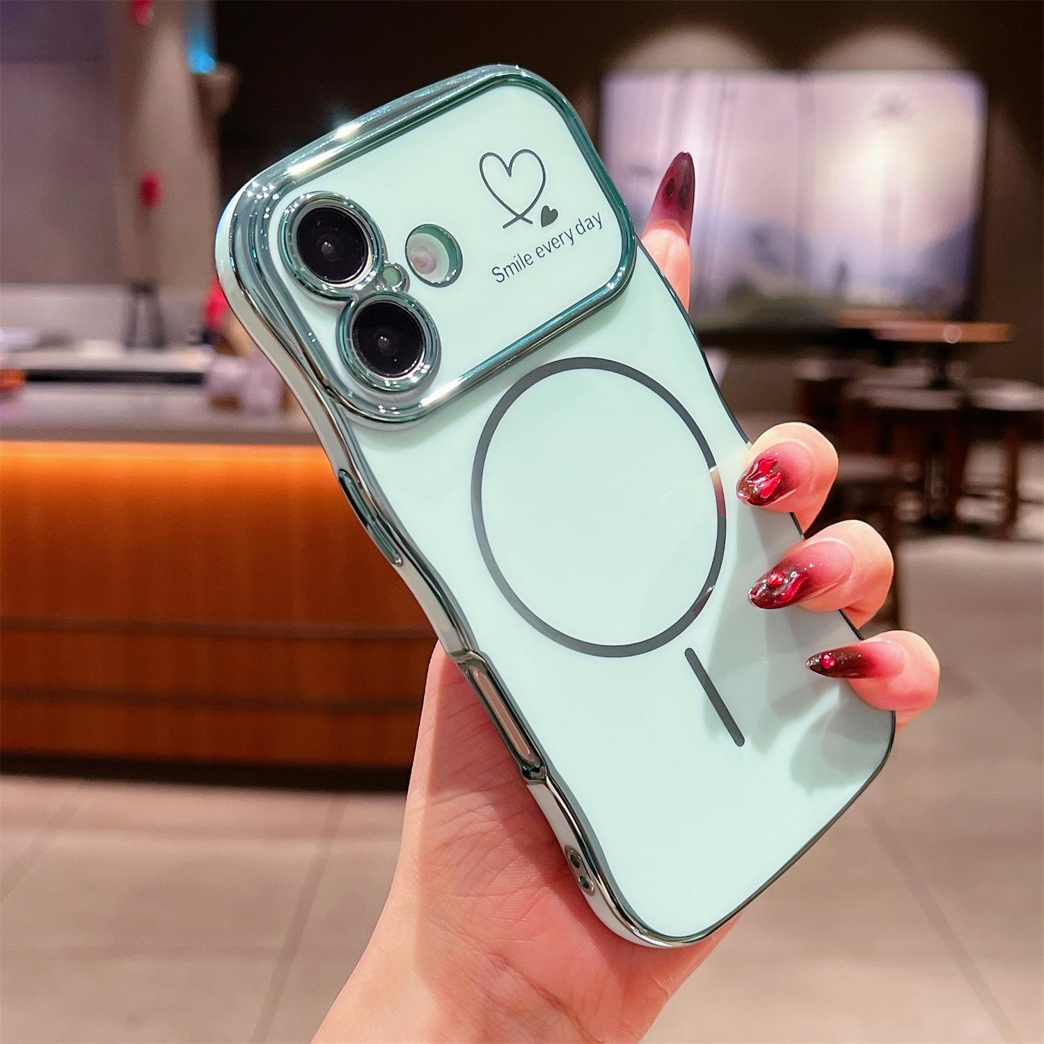 

For iPhone 16 Plus Magnetic Case Electroplating Wave Edge TPU Phone Cover Heart Pattern Green