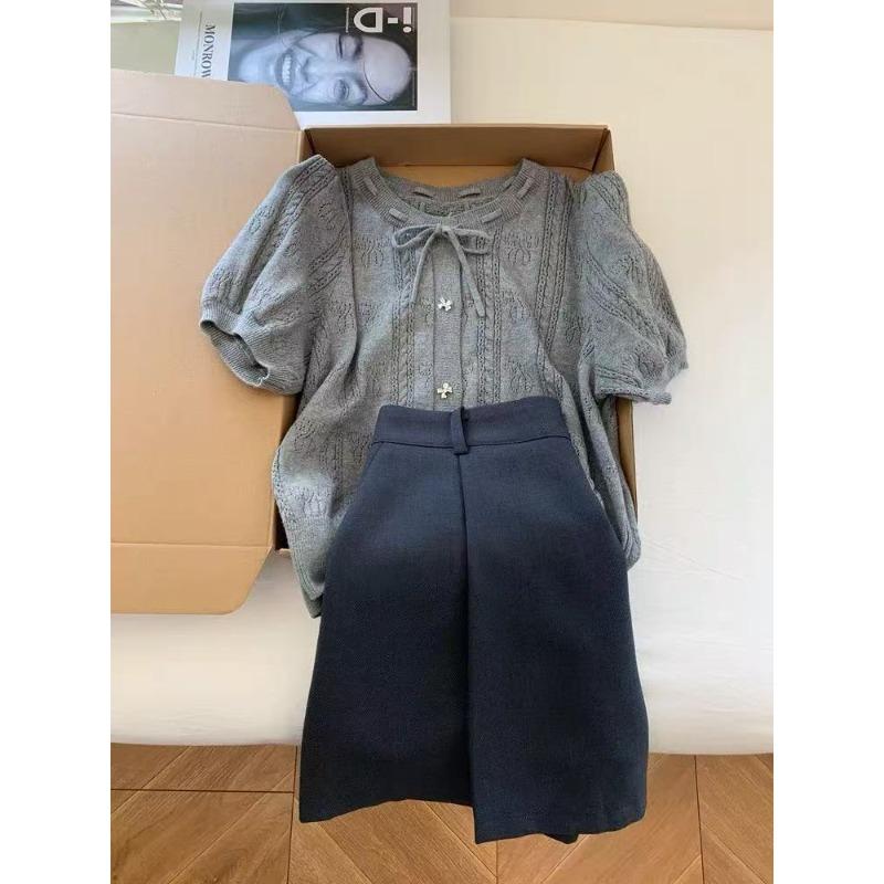 

Grey bow slim knitted short-sleeved t-shirt small short front shoulder straight unique and beautiful small top L