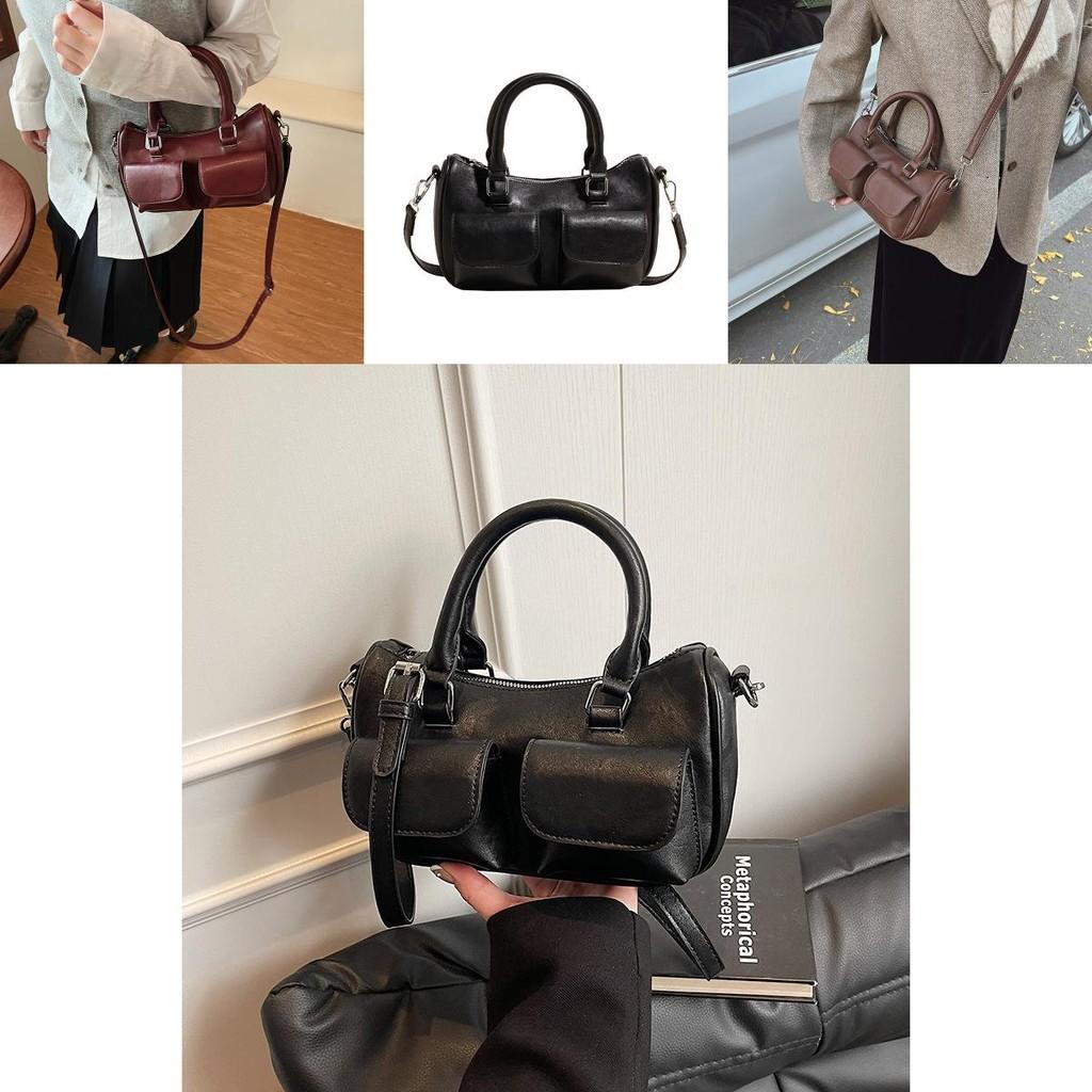 Chic Boston Bag For Women Stylish Large Capacity Handheld Shoulder Purse In Black Red Coffee