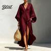 Slimming Loose Dress Women's Cotton Linen Maxi Dress V Neck Batwing Sleeve Sweat-absorbent High Split Casual Beach Sundress with Pockets Vacation