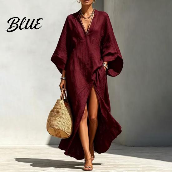 Slimming Loose Dress Women's Cotton Linen Maxi Dress V Neck Batwing Sleeve Sweat-absorbent High Split Casual Beach Sundress with Pockets Vacation