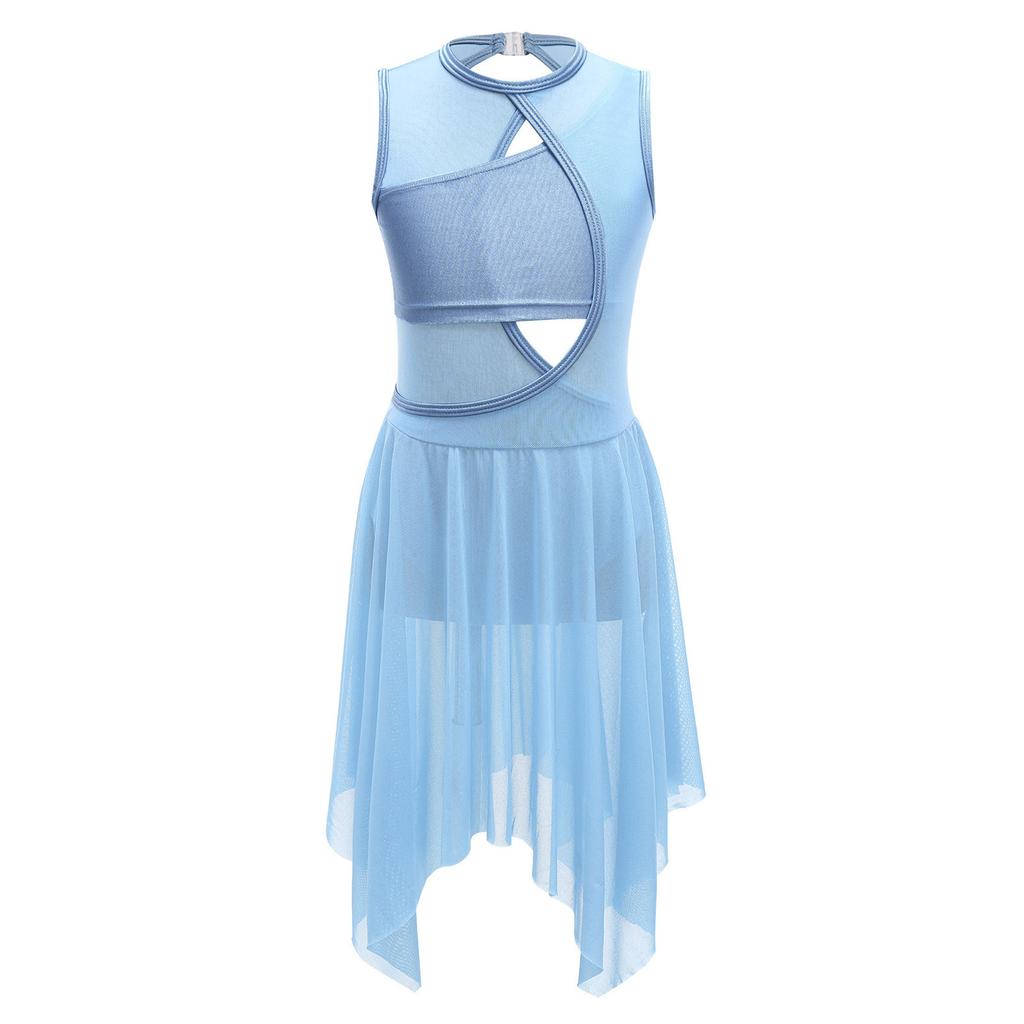 Girls Sleeveless Spandex Mesh Criss Cross Hollow Backless Dance Dress