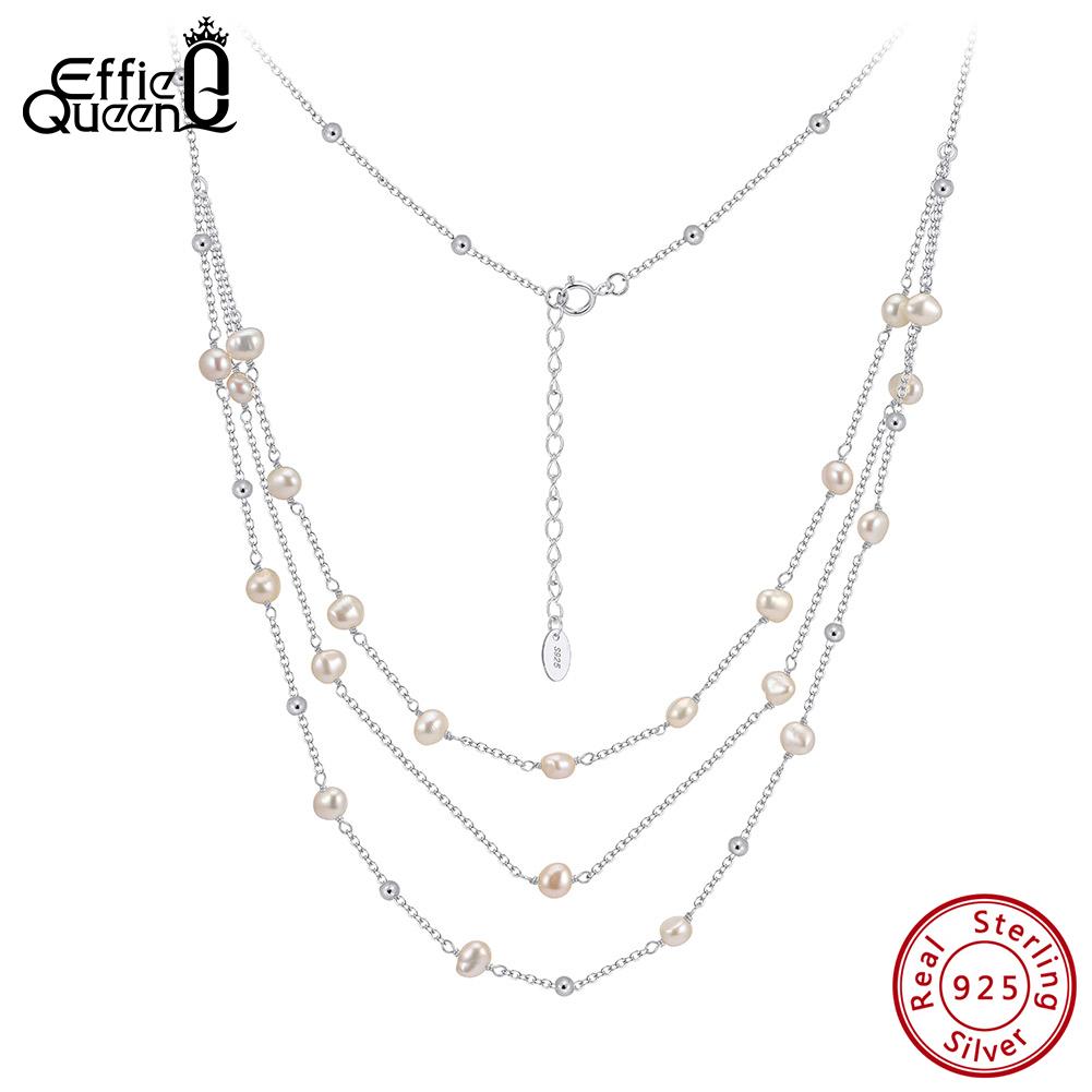 EFFIE QUEEN 925 Solid Sterling Silver 14k Gold Triple Layered Pearl Choker Necklace Luxury Jewelry for Women Wedding Party GPN89