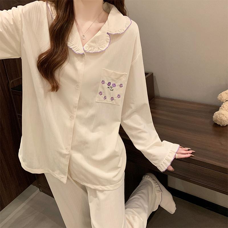 Spring and Fall Ladies Little Flower Premium Pajama Home Dress Set Girl Sweet Lace Long Sleeve Home Dress