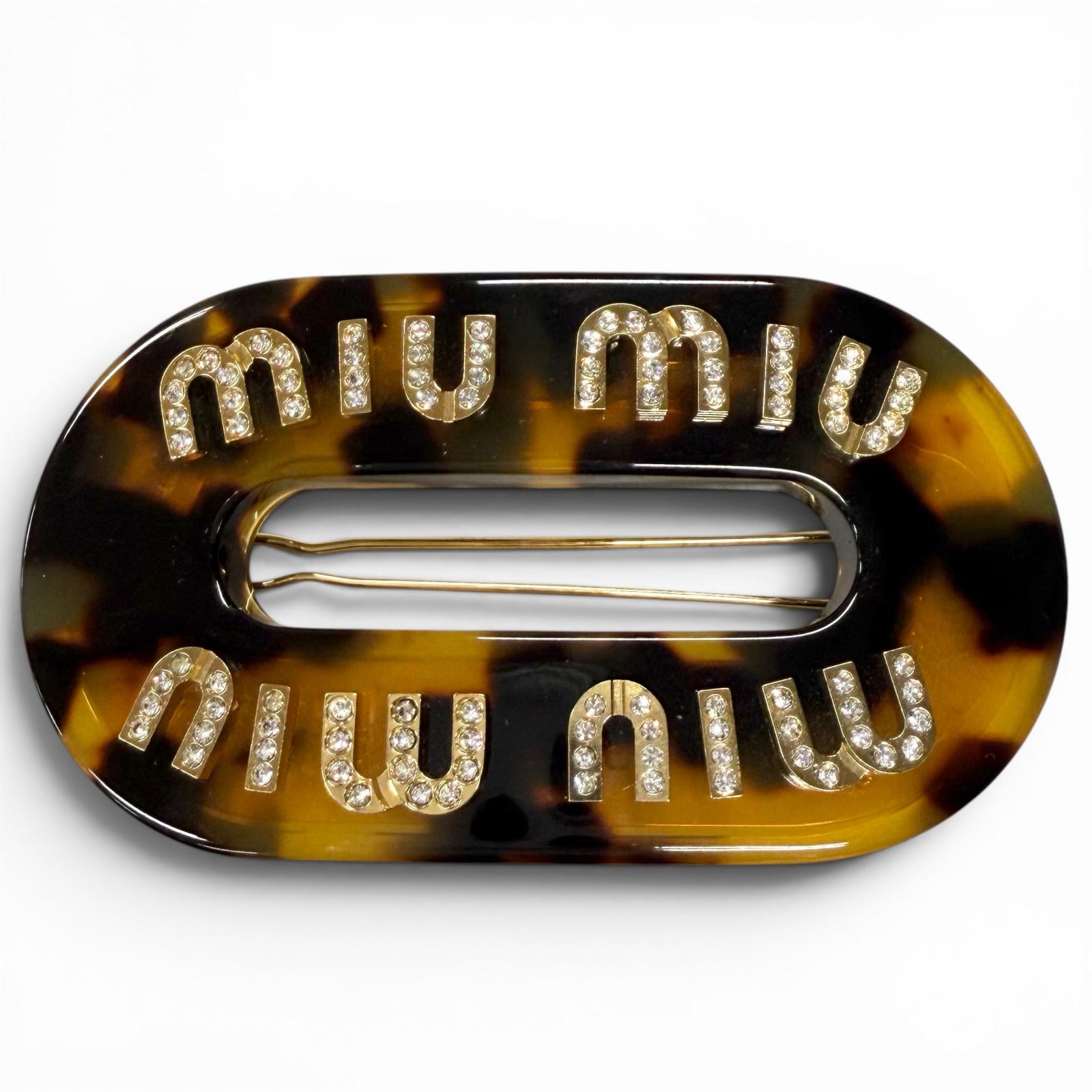 Great MIUMIU Valletta Logo Crystal Rigidplex Hair Clip Brown Women 5JF088 Used