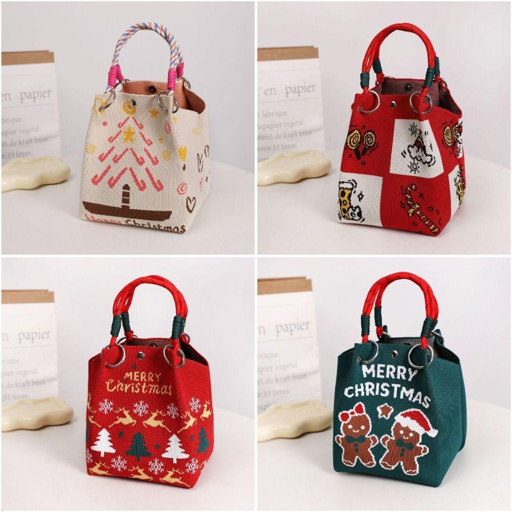 Storage Bag Knit Tote Bag Christmas Elk Lightweight Woven Handbag Gingerbread Man Large Capacity Ring Buckle Bag Commuting
