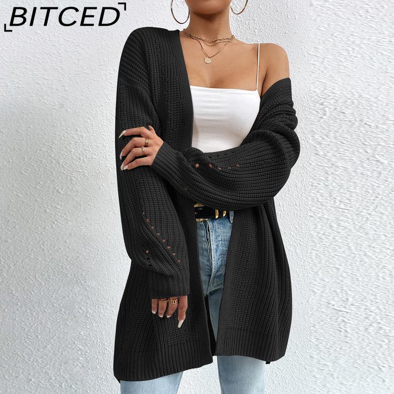 BITCED Autumn/Winter Oversized Mid-Length Cardigan Knitwear V-Neck Solid Colour Knit Top