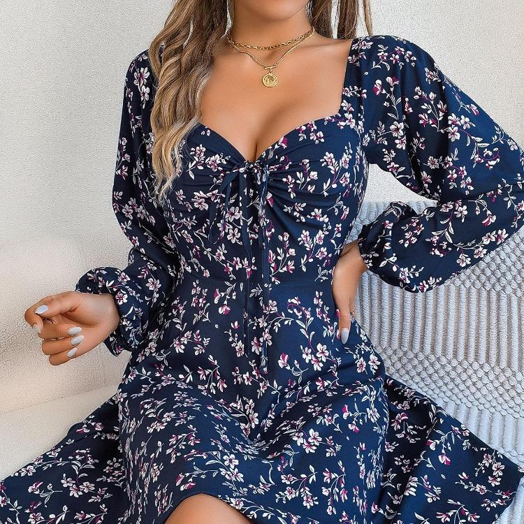 Floral Long Sleeve A Line Dress for Women High Waist V Neck Summer Spring Long Dress Pleated Elegant
