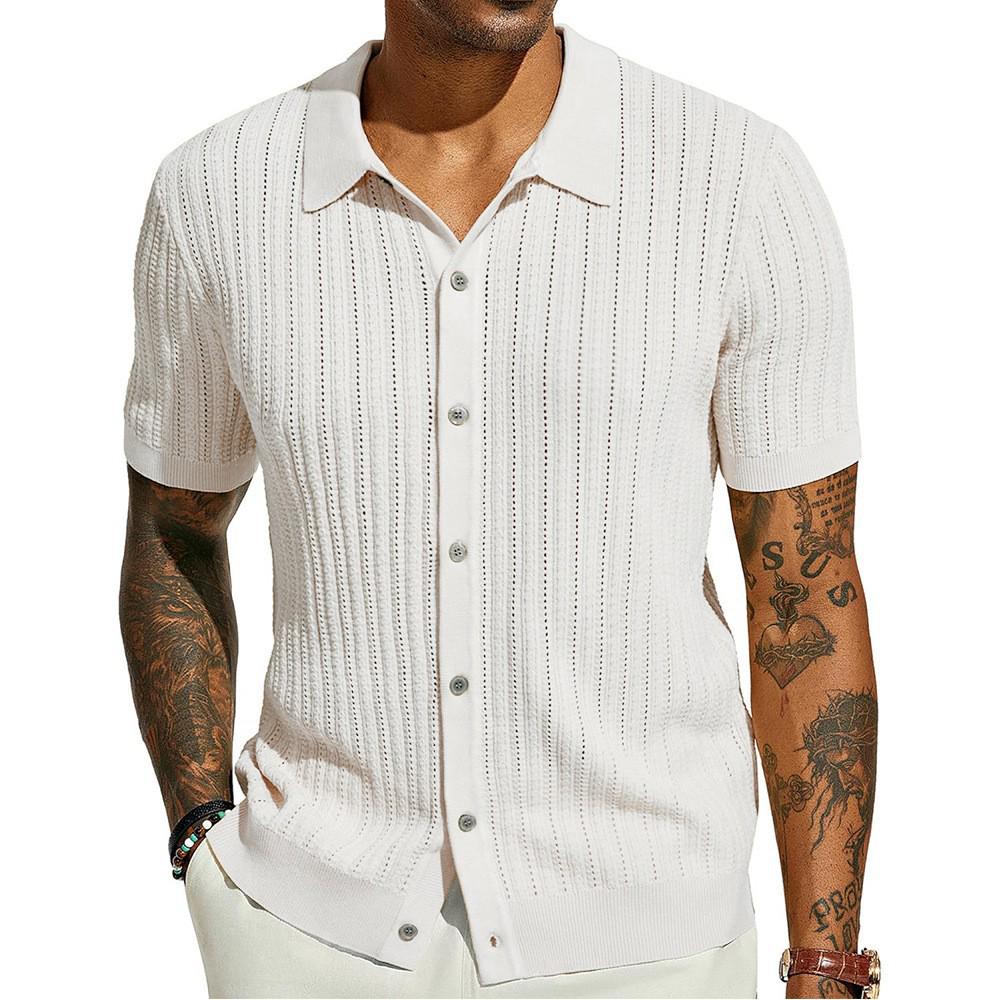 Men's Summer Cool Knit Short Sleeve Collared Shirt - Solid Color, Breathable, Hollow Out Design