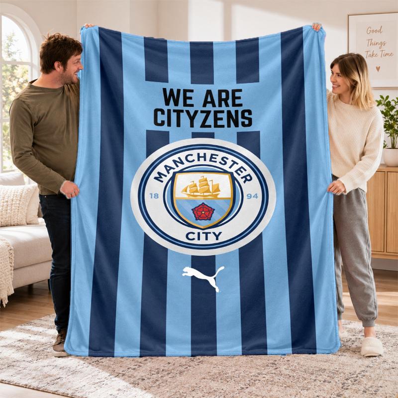 Flannel Fleece Blanket with Manchester City Design, Soft Lightweight Throw for Bed Sofa Travel