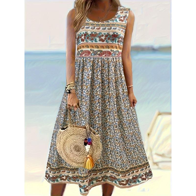 European and American cross-border women s fashionable and elegant printed sleeveless round neck dress S